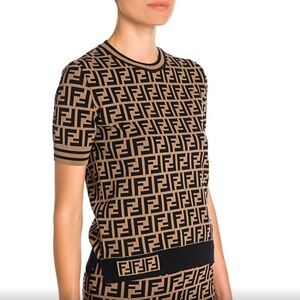 Fendi Tan and Brown Fitted T-Shirt Sweater